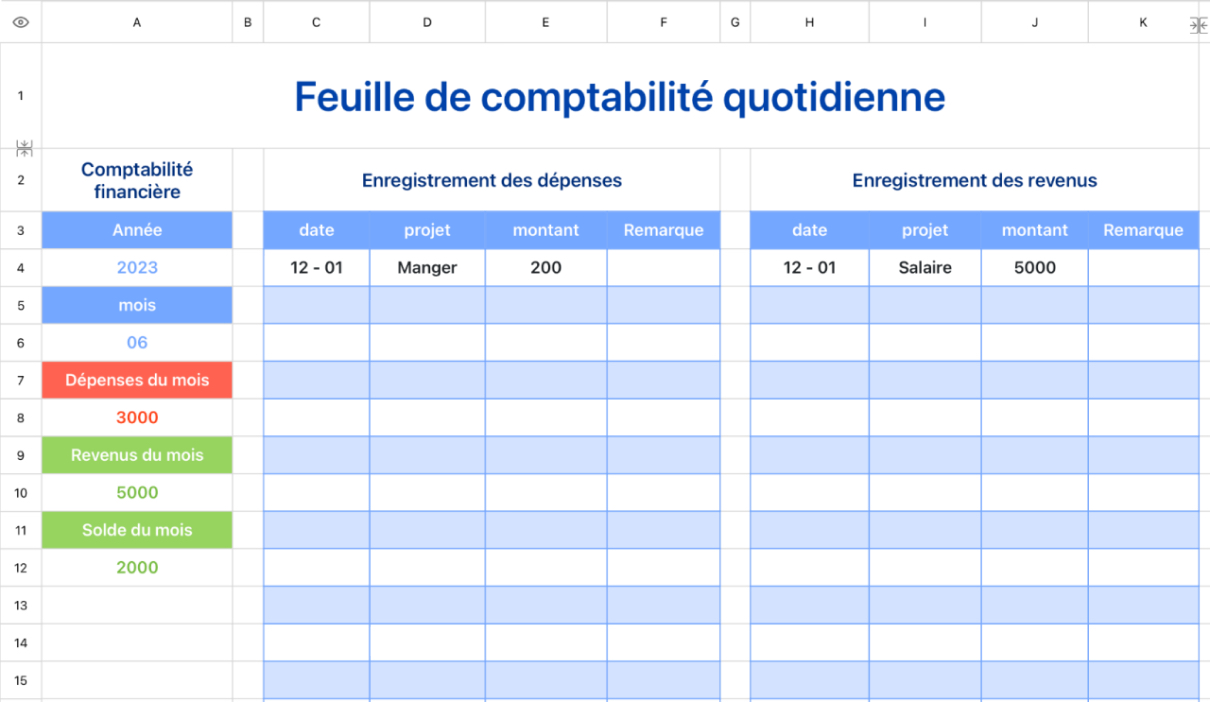 Feuille de comptabilité quotidienne